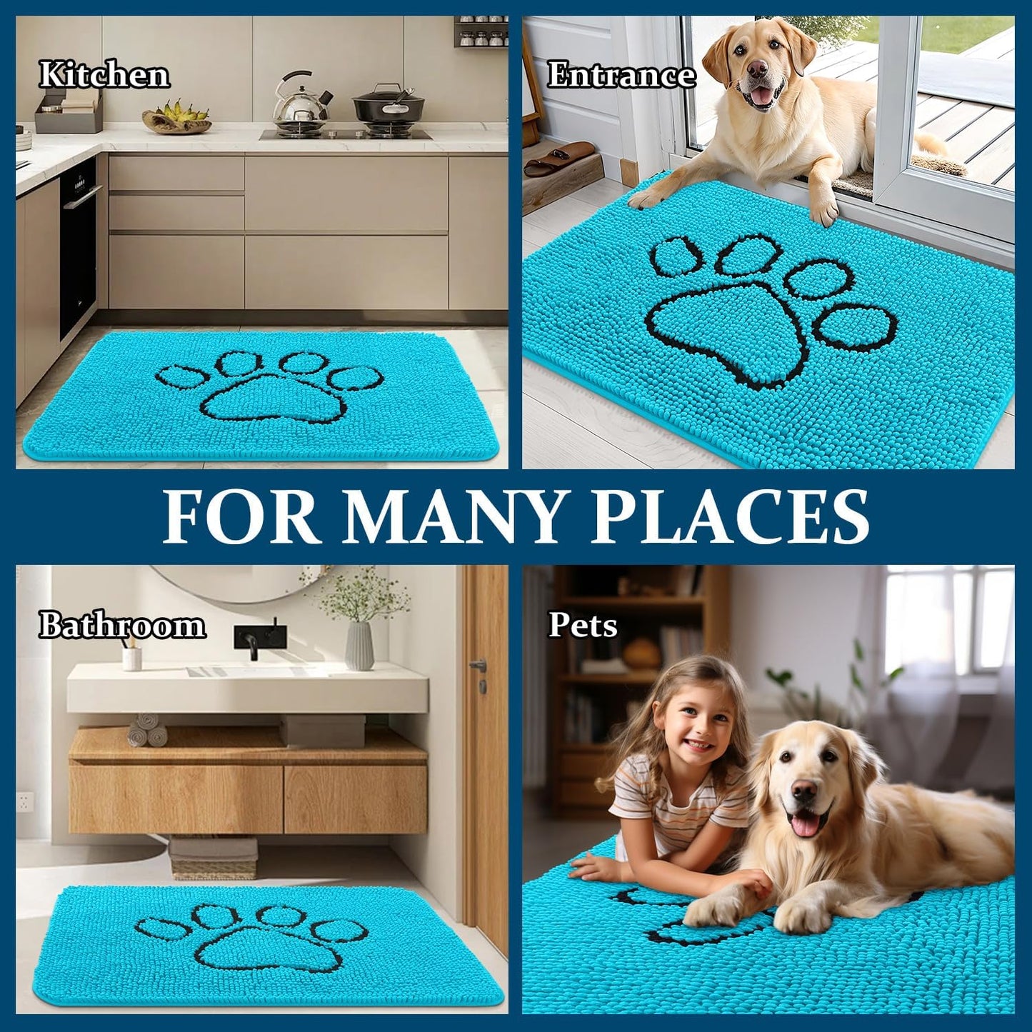 OLANLY Dog Door Mat - Absorbent Non-Slip Mud Mat for Muddy Paws | 36x24 Aqua Blue Chenille Design