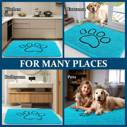 OLANLY Dog Door Mat for Muddy Paws 36x24, Paw Print Design, Absorbs Moisture and Dirt, Absorbent Non-Slip Washable Doormat, Quick Dry Chenille Mud Mat for Dogs, Entry Indoor Entryway Carpet, Aqua Blue