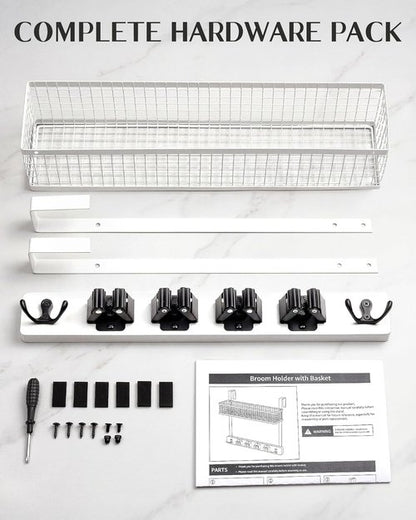 Lorbro Over The Door Broom Holder - No-Drill Wooden Mop Organizer with 4 Grips & 2 Hooks | Ideal for Laundry Room & Garage