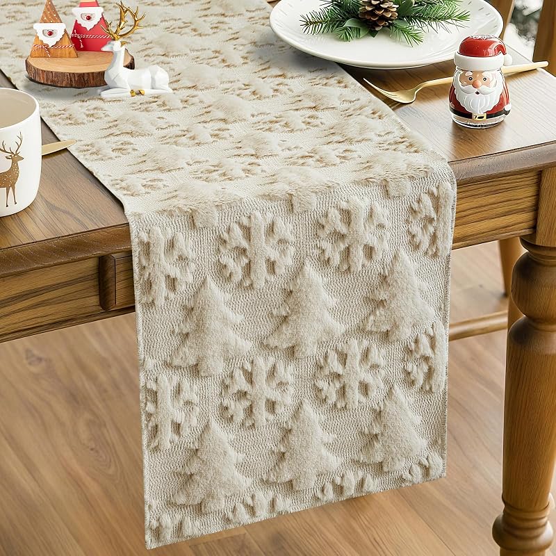 Christmas Table Runner 13x60 Inch Beige with 3D Tree & Snowflake Pattern – Faux Fur, Indoor/Outdoor Farmhouse Decor (Variation: Beige+Table Runner, 13" x 60")
