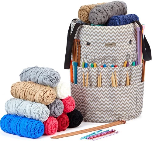 HOMEST Large Crochet Bag - Customized Front Compartment for Yarn Storage | 6 Oversized Grommets, Drawstring Closure