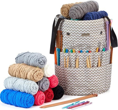 HOMEST Large Crochet Bag - Customized Front Compartment for Yarn Storage | 6 Oversized Grommets, Drawstring Closure
