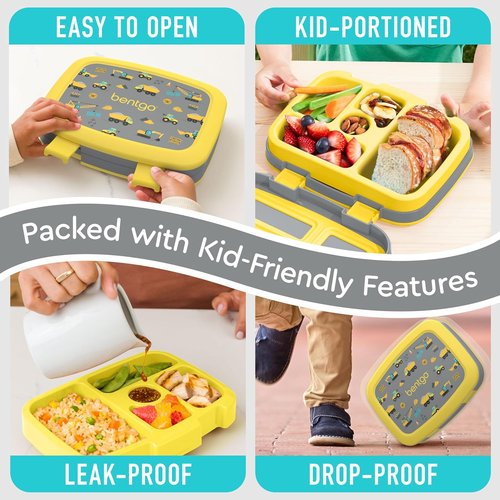 Bentgo Kids Prints Bento-Style Lunch Box - Leak-Proof, 5 Compartments, Durable & Dishwasher Safe (Construction Trucks)