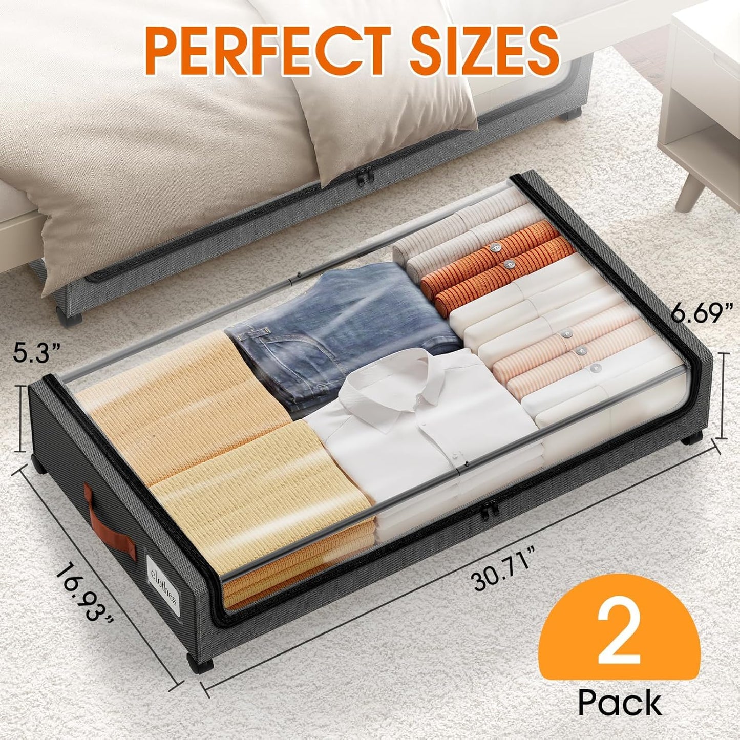 SpaceHacks Under Bed Storage Containers - 2-Pack Rolling Drawers with Clear Window & Label | Dark Grey (30.71 x 16.93 x 6.69 in)