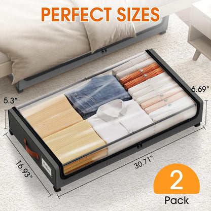 SpaceHacks Under Bed Storage Containers - 2-Pack Rolling Drawers with Clear Window & Label | Dark Grey (30.71 x 16.93 x 6.69 in)