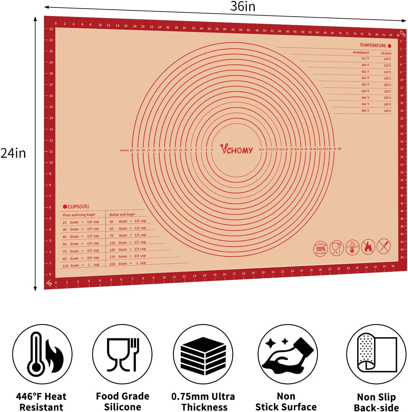 Skiennix Extra Large Silicone Pastry Mat - Non-Slip Baking Surface with Measurements | 36x24 Inch, Red