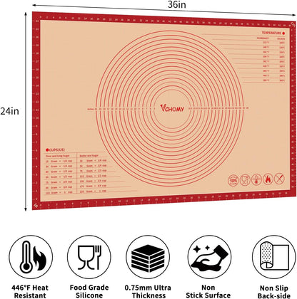 Skiennix Extra Large Silicone Pastry Mat - Non-Slip Baking Surface with Measurements | 36x24 Inch, Red