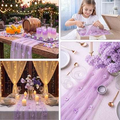 6 Pcs 29x120'' Pearl Tulle Table Runner - Purple, Wedding Party Set (Variation: Purple)