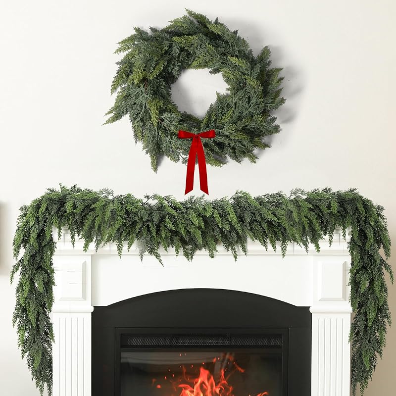 15 Ft Real Touch Cedar Garland - Greenery Mantel Decor, Flexible Branches, Farmhouse Christmas