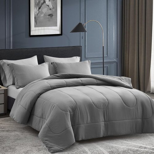 Maple&Stone Queen Size Comforter Set - 7-Piece Down Alternative Bed in a Bag | Soft Reversible Duvet in Dark Grey & Light Grey