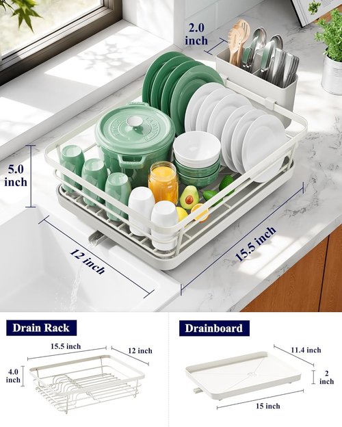 Kitsure Dish Drying Rack - Stainless Steel Kitchen Organizer with Cutlery Holder | 12"W x 15.5"L, Light Grey