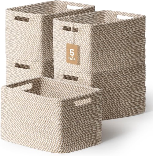 5 Pack Cotton Rope Storage Baskets by [Brand Name] - Decorative Organizer Bins for Toys, Books, Clothes | Khaki