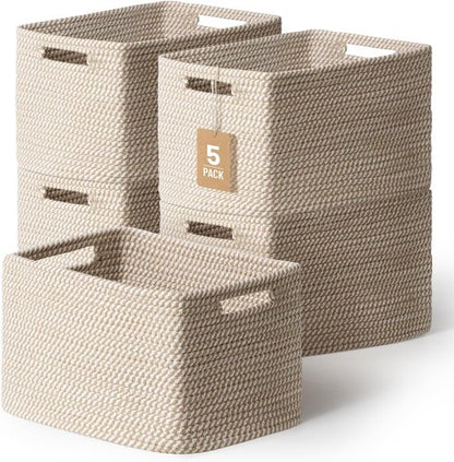 5 Pack Cotton Rope Storage Baskets by [Brand Name] - Decorative Organizer Bins for Toys, Books, Clothes | Khaki