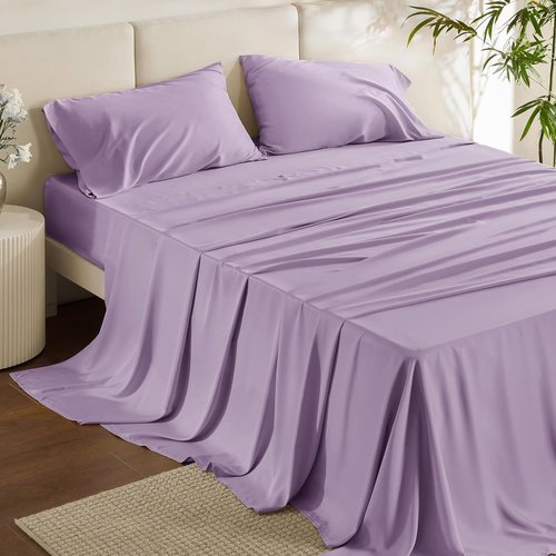 Bedsure Queen Sheet Set - Cooling Bamboo Rayon Sheets | Breathable & Soft, Deep Pocket Up to 16 Inches, Lilac
