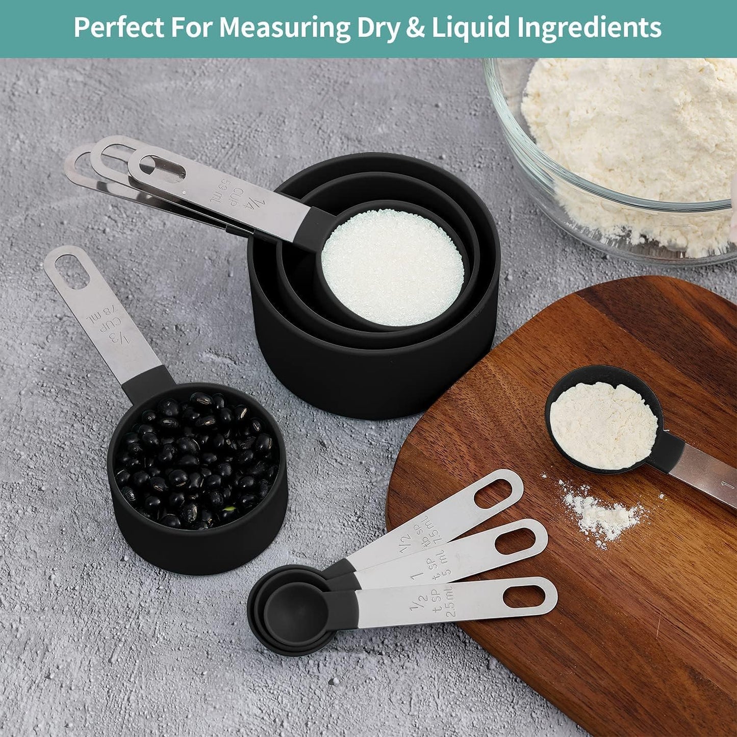 Skiennix 8-Piece Measuring Cups and Spoons Set - Stackable Black Design for Dry & Liquid Ingredients