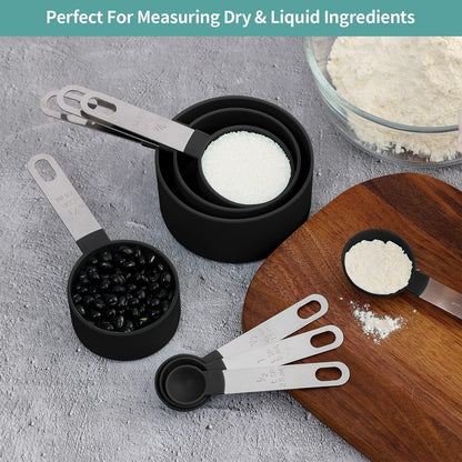 Skiennix 8-Piece Measuring Cups and Spoons Set - Stackable Black Design for Dry & Liquid Ingredients