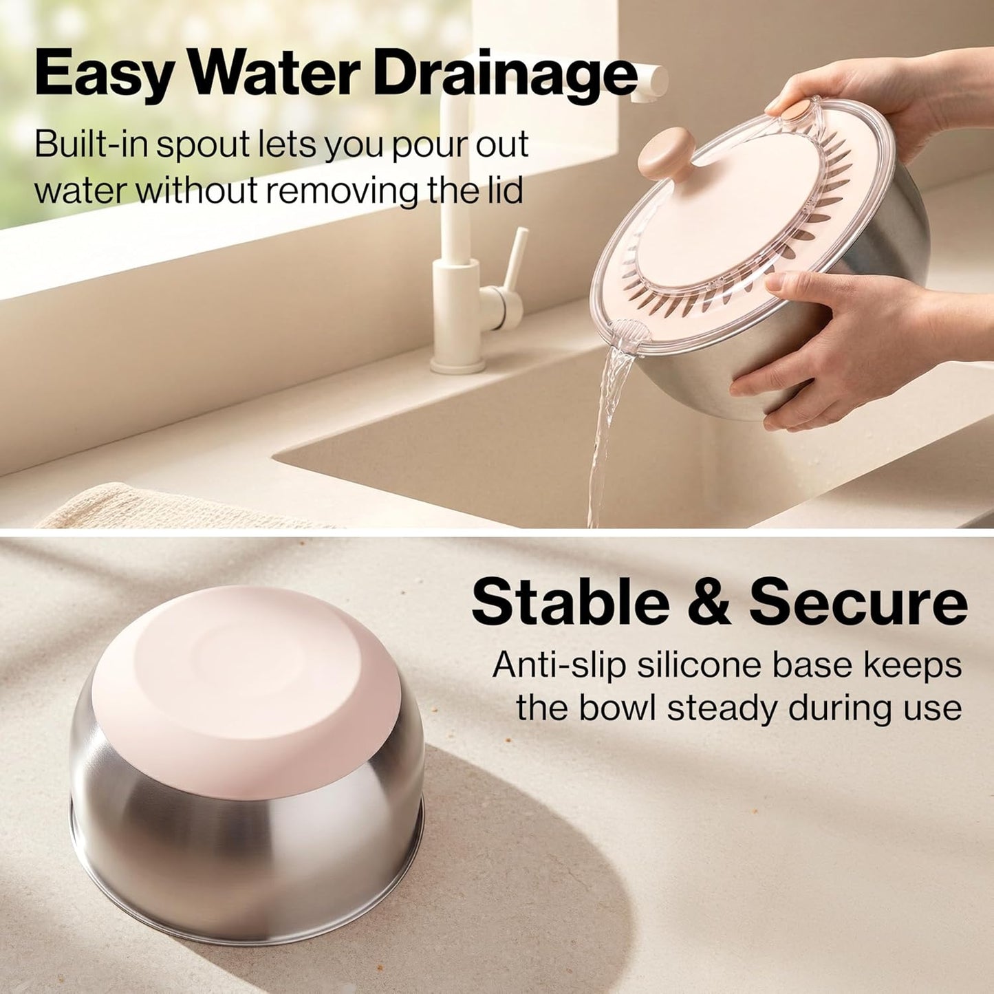 Salad Spinner Stainless Steel 5.3Qt - BPA-Free Lettuce Spinner with Stop Button & Drain Spout