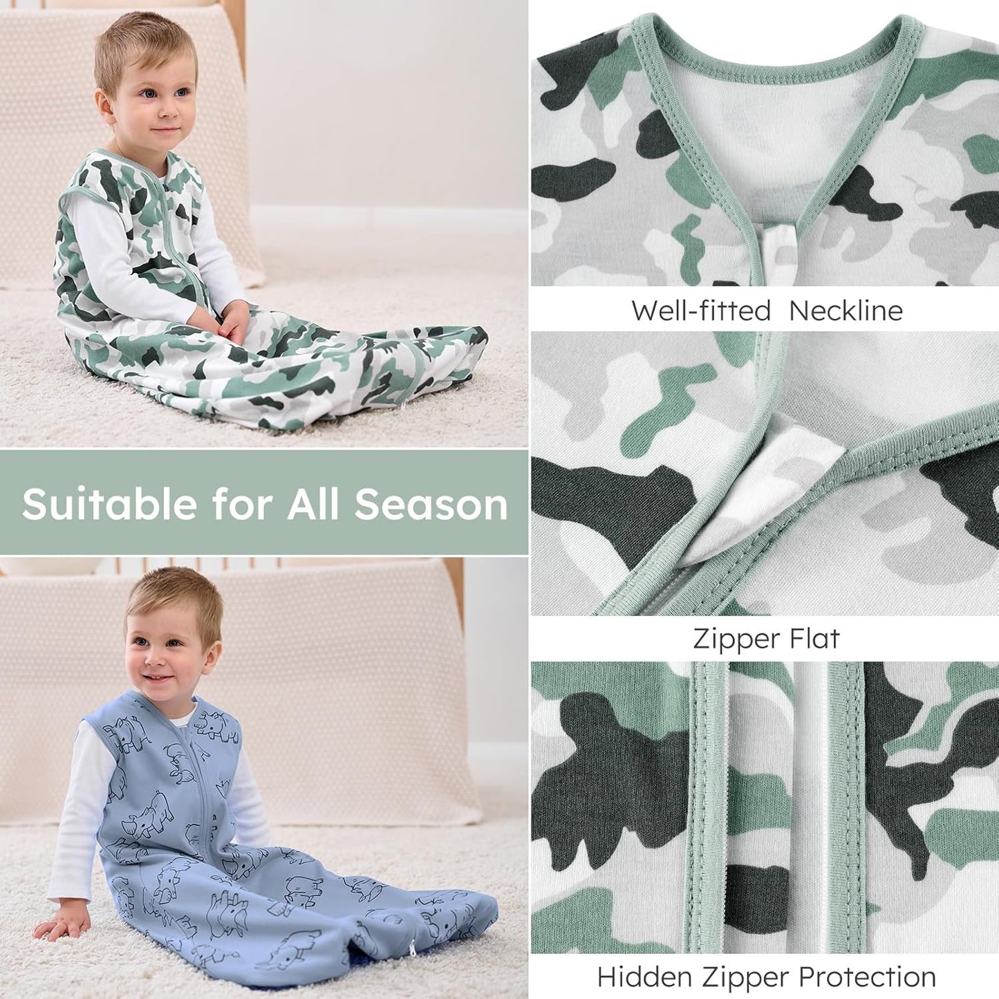 Yoofoss Baby Sleep Sack | 100% Organic Cotton Wearable Blanket for 0-6 Months | 2-Way Zipper, 3 Pack