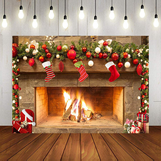 Mocsicka Christmas Fireplace Theme Backdrop for Photography Xmas Tree Sock Gift Family Party Decorations Wallpaper Winter Christmas Birthday Holiday Banner Studio Booth (7x5ft)