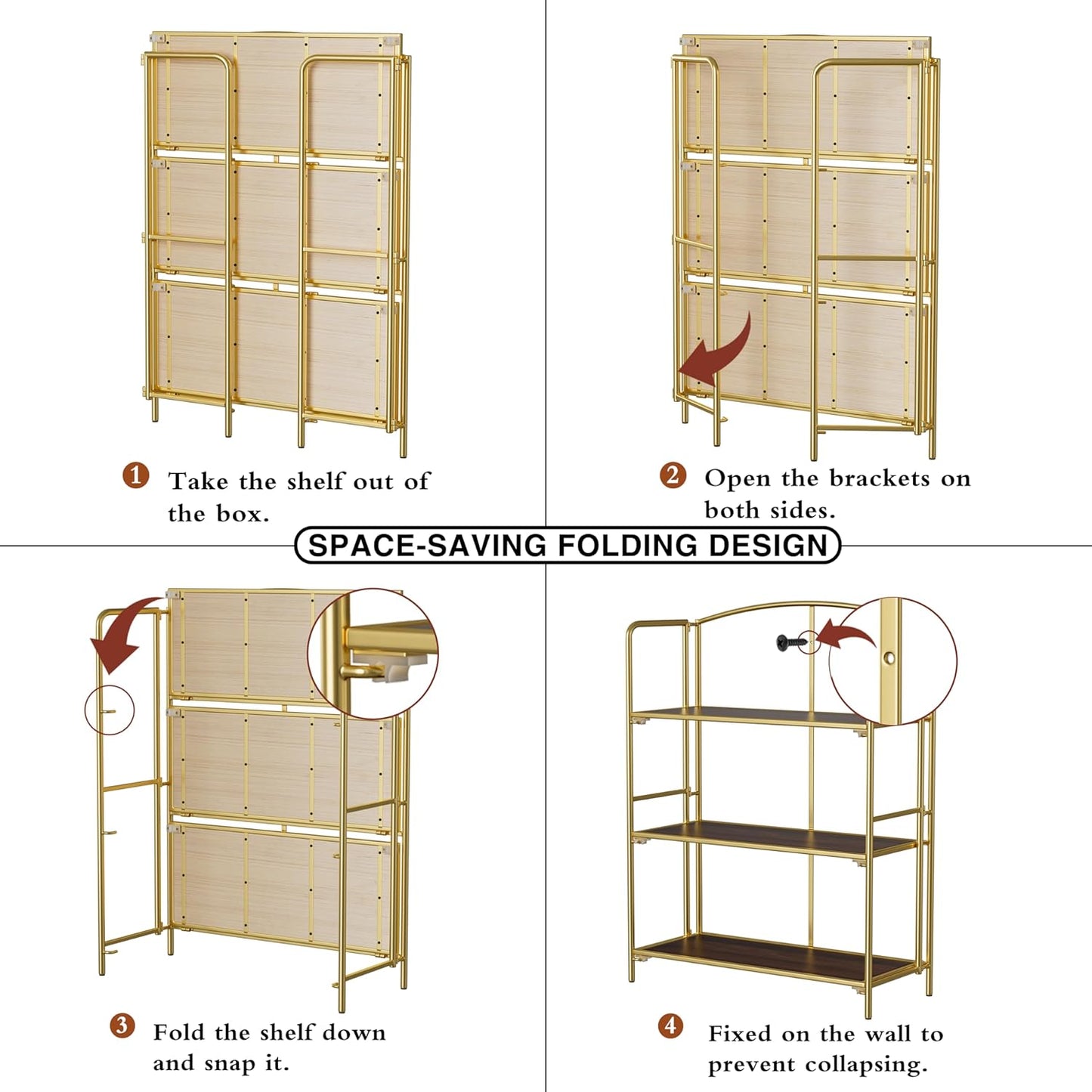 Crofy Folding Bookshelf - 3 Tier Gold Collapsible Bookcase for Living Room & Home Office Storage