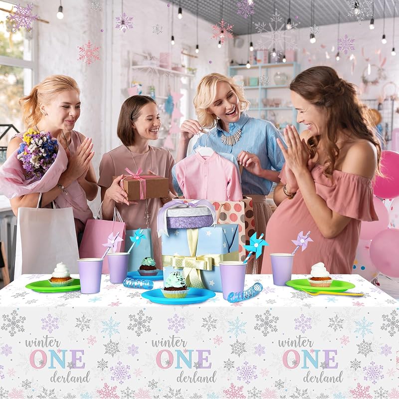 6Pcs Winter Onederland Tablecloths 54x108 in - Snowflake Disposable Party Covers (Purple Pink Blue) 6 Pack