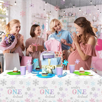 6Pcs Winter Onederland Tablecloths 54x108 in - Snowflake Disposable Party Covers (Purple Pink Blue) 6 Pack