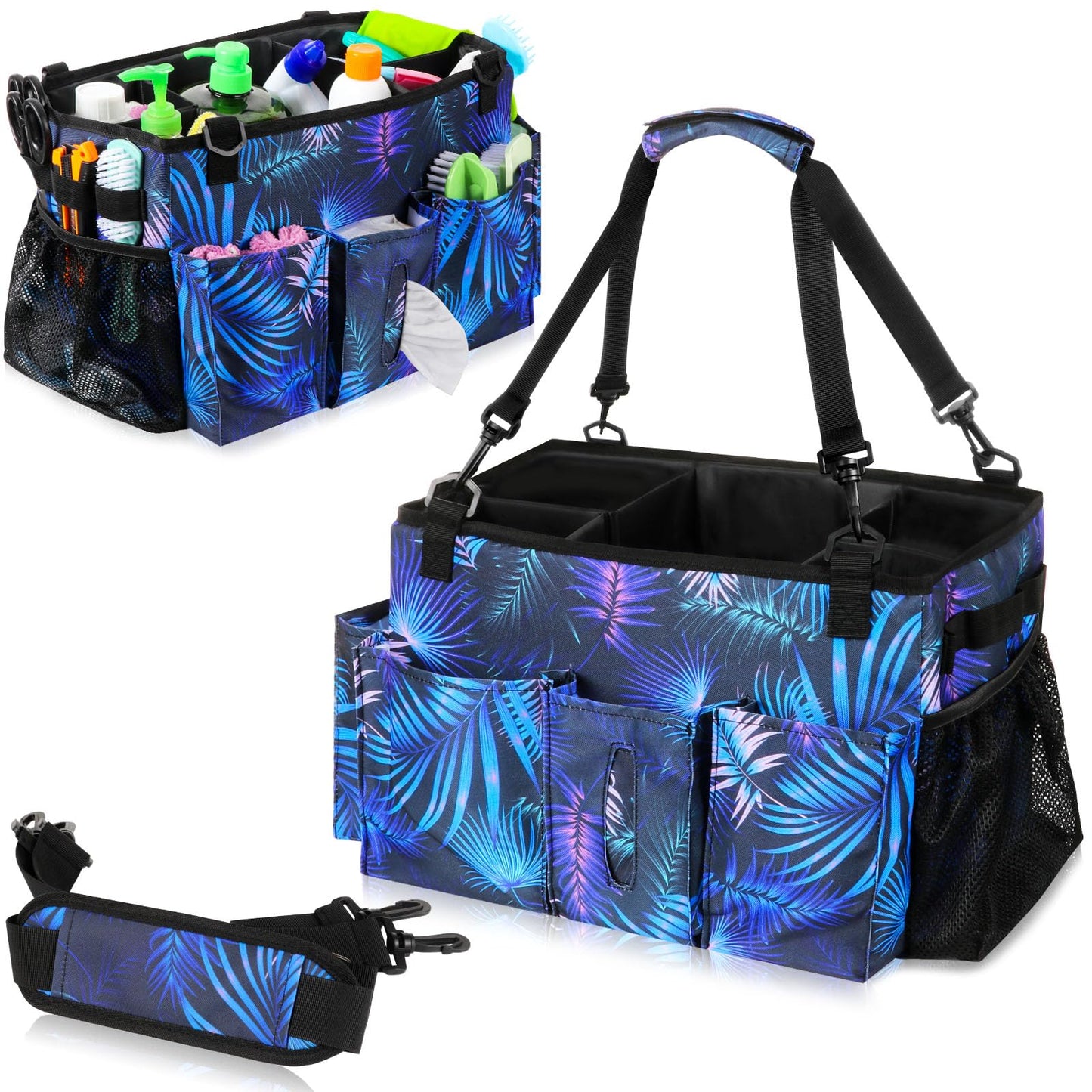 Wearable Cleaning Caddy Bag with Handle, Multi-functional Cleaning Supplies Caddy Organizer with Handle and Shoulder Strap for Car Wash, Gardening Tools, Painting/Picnic Items, Beach (Blue Leaves)