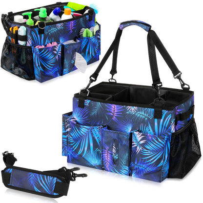 Wearable Cleaning Caddy Bag with Handle, Multi-functional Cleaning Supplies Caddy Organizer with Handle and Shoulder Strap for Car Wash, Gardening Tools, Painting/Picnic Items, Beach (Blue Leaves)