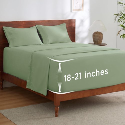 Bedsure Deep Pocket Queen Sheets Set - Soft & Cooling 4-Piece Bed Sheets for Mattresses Up to 21" - Light Green