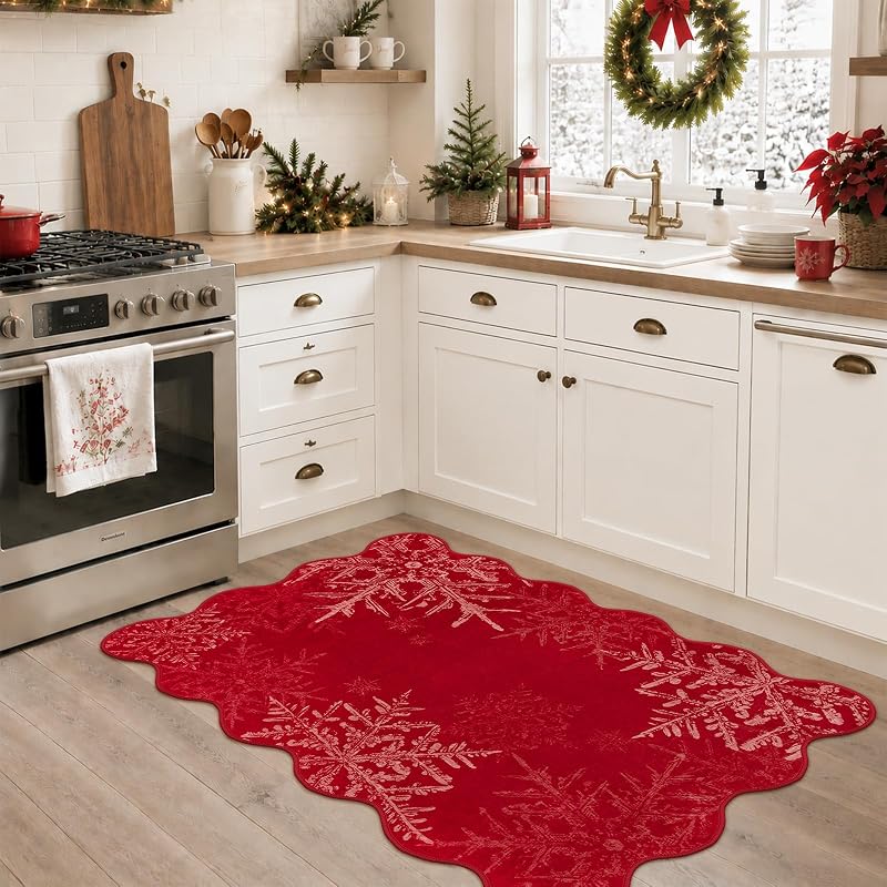 Red Snowflake Doormat 2' x 3' - Christmas Entryway Rug, washable