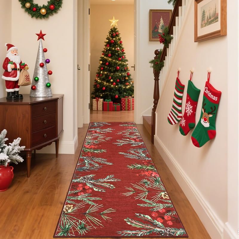 Pinecone-Red 2' x 6' Christmas Runner Rug - GarveeHome, Non-Slip, Washable