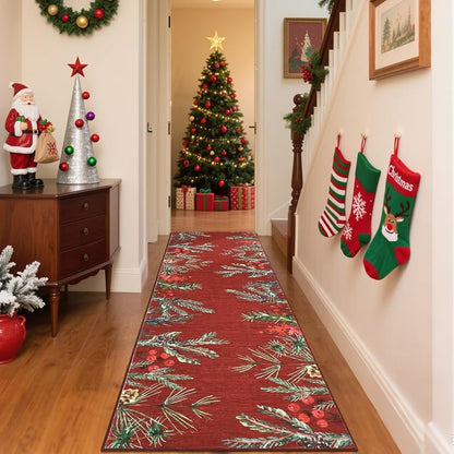 Pinecone-Red 2' x 6' Christmas Runner Rug - GarveeHome, Non-Slip, Washable