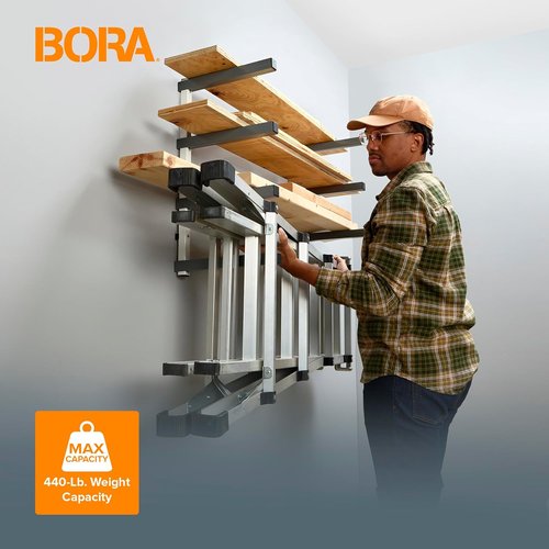Bora 4-Level Lumber Storage Rack - Space-Saving Metal Shelf for Wood & Garage Organization | PBR-0420 White Gray