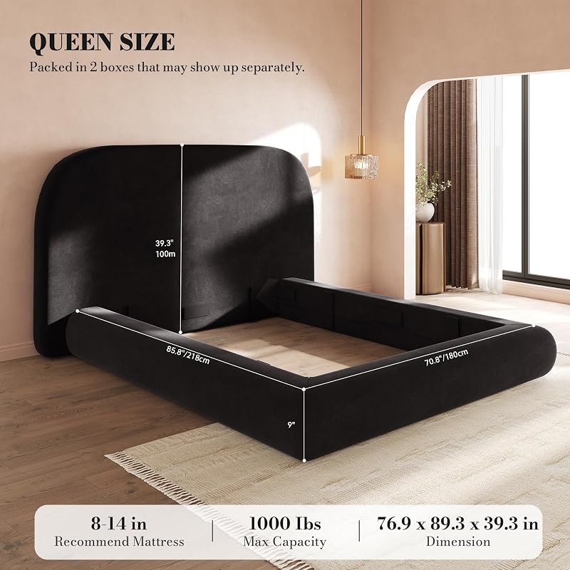 Queen Size Cloud Bed Frame with Headboard - Curved Velvet Upholstered Bed, Black