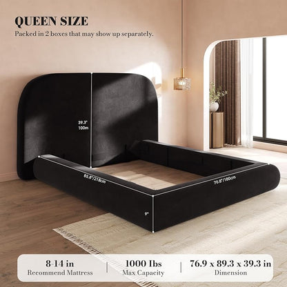Queen Size Cloud Bed Frame with Headboard - Curved Velvet Upholstered Bed, Black