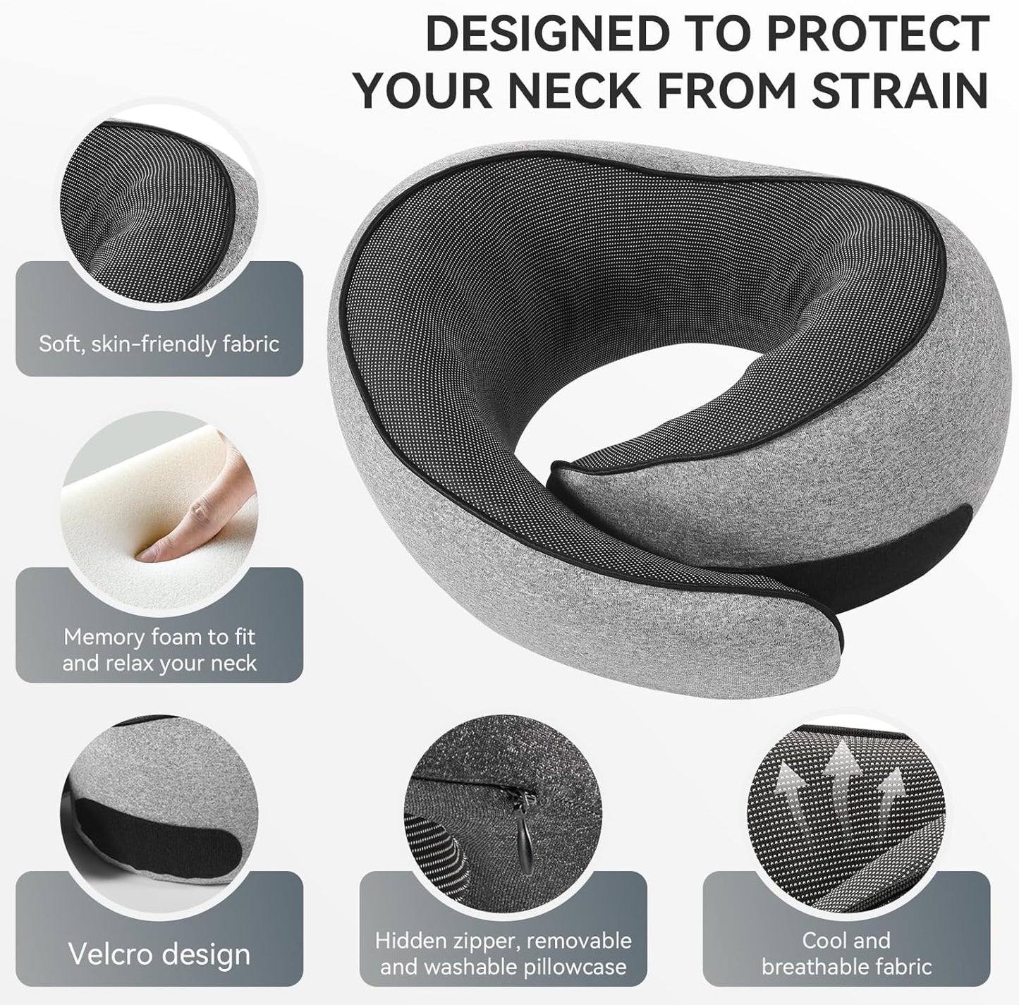 SZXYX Travel Pillow - 100% Pure Memory Foam Neck Support | Comfortable, Breathable Cover, 360° Support, Dark Grey