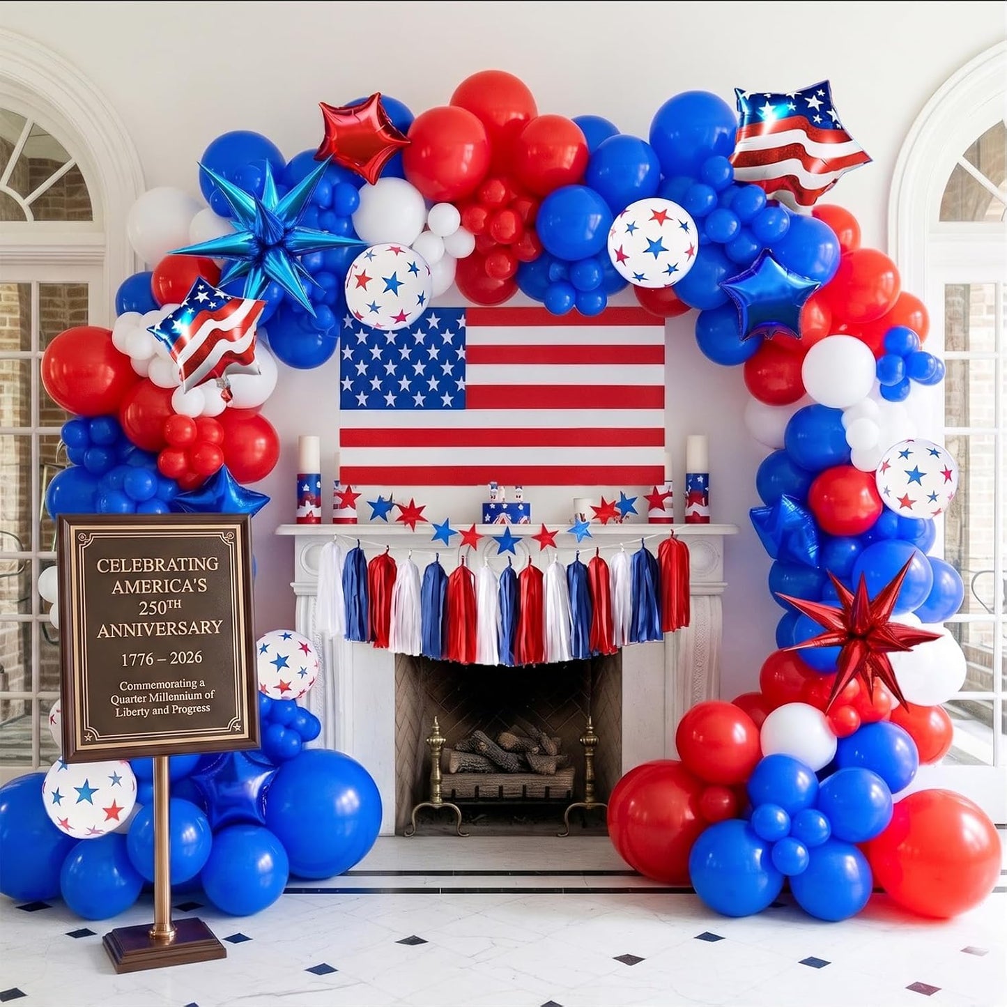 Patriotic Balloon Garland Arch Kit - Red, White & Blue Star Print & Flag Foil Balloons for 4th of July & Memorial Day Decor