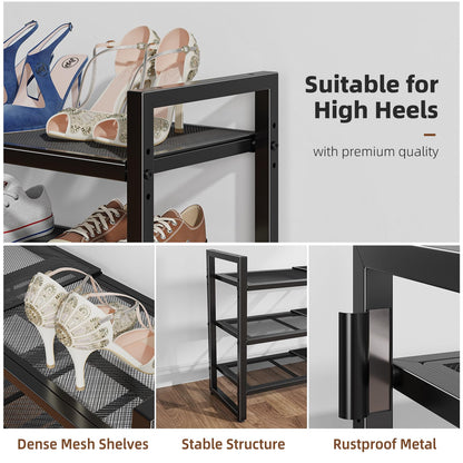 Simple Trending 3-Tier Expandable Shoe Rack, Adjustable & Stackable Shoe Organizer, Metal Mesh Free Standing Shoe Shelf Storage for Closet Entryway Doorway, Black