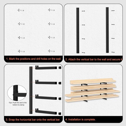 Mapleway 4-Pack Lumber Storage Rack - 4-Level Metal Wall Mount Wood Organizer for Garage & Workshop