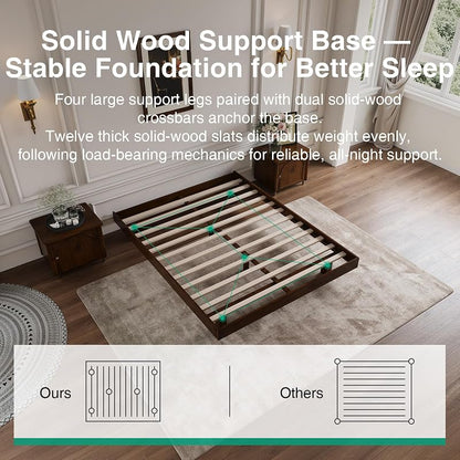 Novilla Walnut Finish Floating Queen Bed Frame with Motion Sensor LED Light & USB-C Power Station