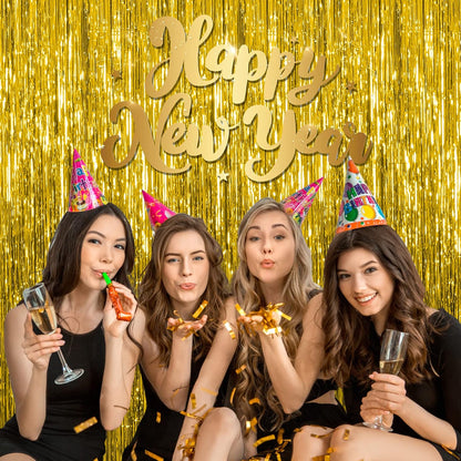 Skiennix Gold Fringe Curtain Backdrop - 5 Pack Tinsel Streamers for Parties & Events | Perfect for Birthdays, Christmas, & Graduations