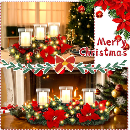 Sliner Christmas Candle Holder - Romantic Poinsettia Glass Centerpiece for Holiday Table Decor