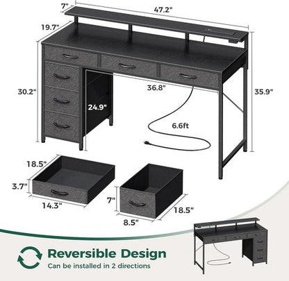 Huuger Gaming Desk - 47 Inch Computer Desk with LED Lights & Power Outlets | Black with 6 Drawers