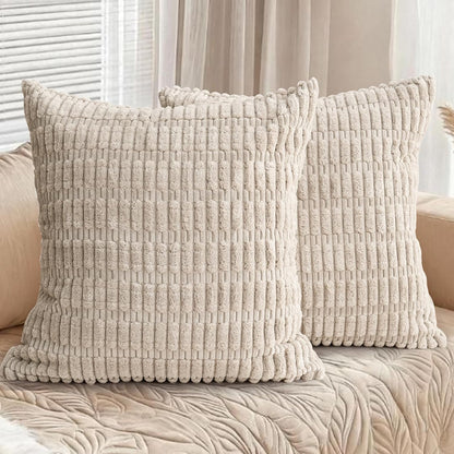 Skiennix Throw Pillow Covers - Soft Boho Striped Corduroy | 18x18 Inch, 2-Pack for Modern Home Decor