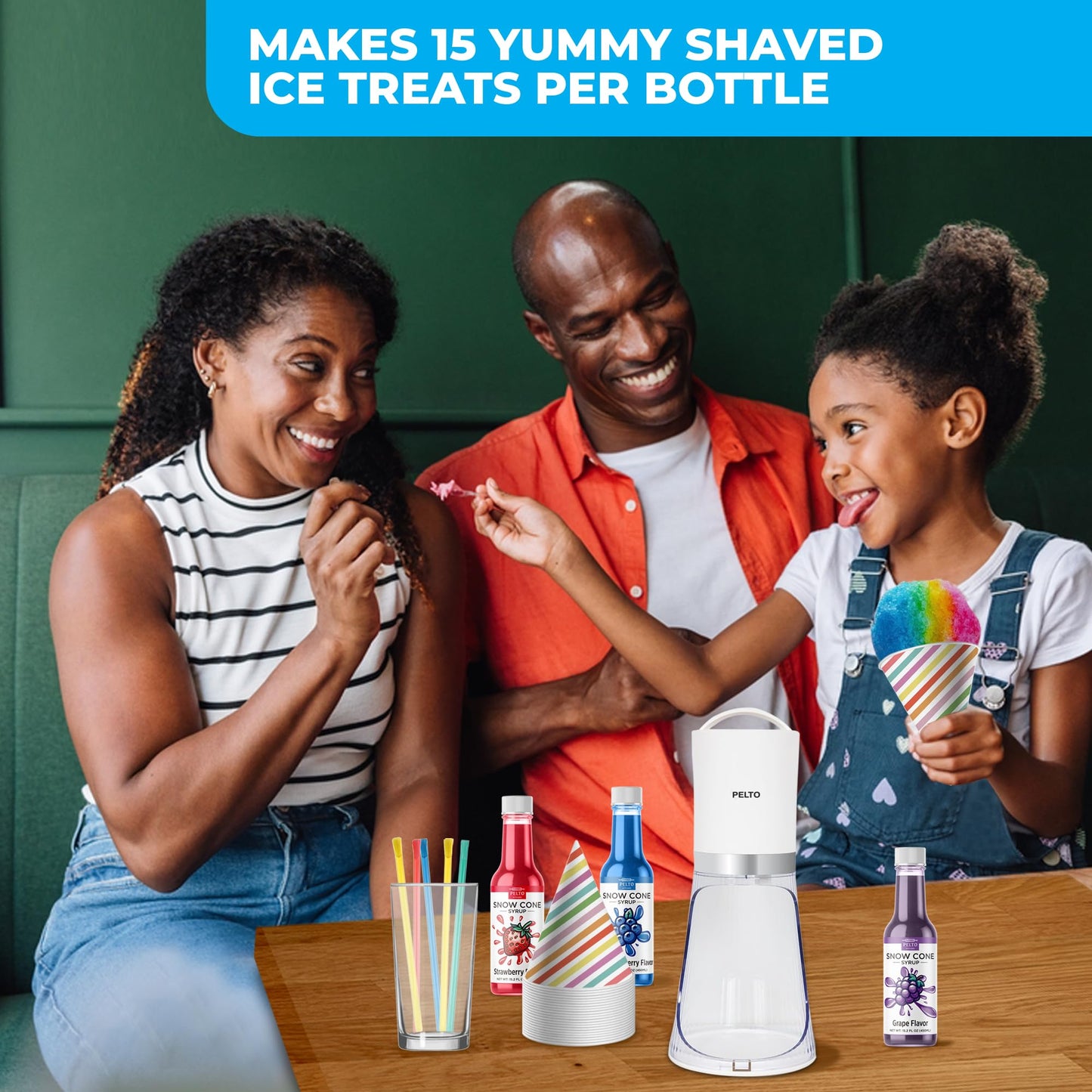 Snow Cone Machine set with 3 Flavors, 25 Cone Cups, 25 Straws, 4 Ice Molds - Strawberry, Blue Raspberry, Grape - Hawaiin Slushie Flavors - Electric Shaved Ice Maker Kit for Kids Birthday Gift Party