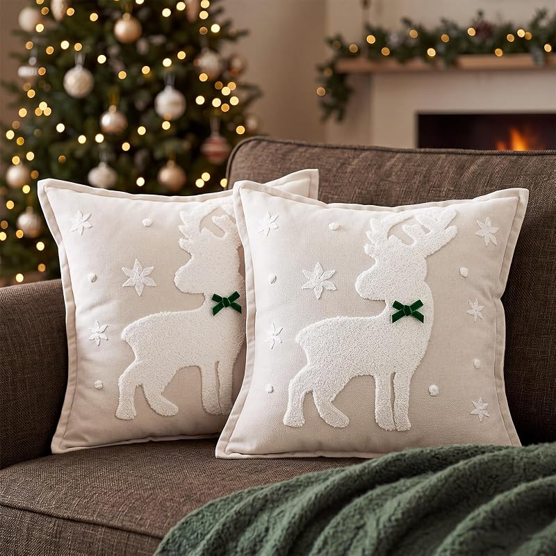 Christmas Reindeer Throw Pillow Covers 18x18 in Plush 3D Embroidery - 2 Pcs