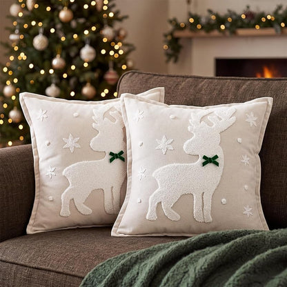 Christmas Reindeer Throw Pillow Covers 18x18 in Plush 3D Embroidery - 2 Pcs