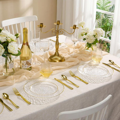 Regine Switzerland Crystal Clear Plastic Plates - Elegant Gold Rim Disposable Dinnerware Set | 50 Pcs (25 Dinner & 25 Salad Plates) for Parties & Weddings