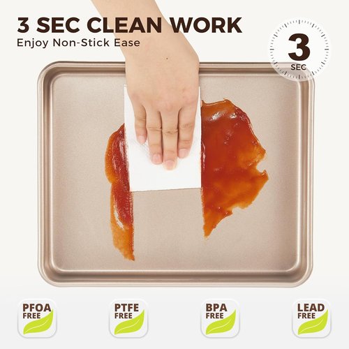 HONGBAKE Non-Stick Toaster Oven Pans - 2 Pack 11 x 9 Inch Heavy-Duty Baking Sheets | Easy to Clean, Gold