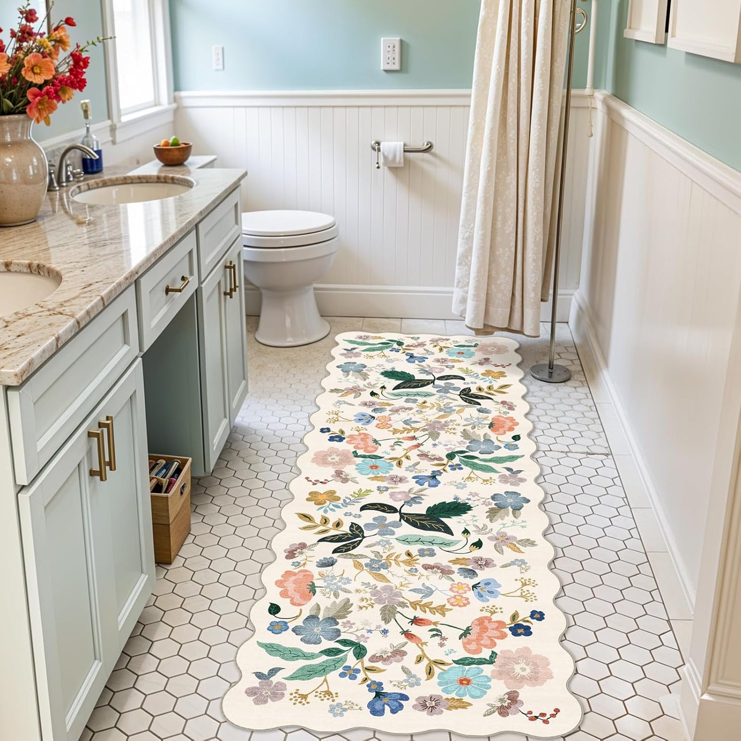 Skiennix Washable Hallway Runner Rug - Floral Non-Slip Vintage Carpet | Ultra Soft 2x6 Cream Mat